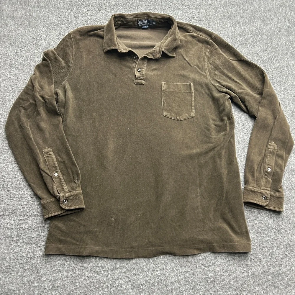Polo Ralph Lauren Men Vintage 1/4‎ Button Corduroy Shirt XL Pullover Brown
